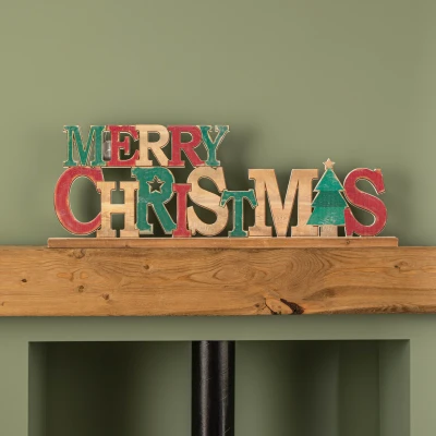Image of 80cm Red and Green Wooden Merry Christmas Table Top Sign