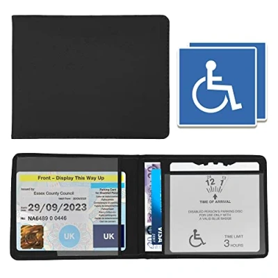 Image of Disabled Blue Badge Holder Wallet for Car PU Leather Protector Disability Parking Permit Discreet Cover Hologram Safe with 2X Stickers Included (Black)