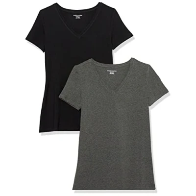 Image of Amazon Essentials Women&#039;s Classic Fit Short Sleeve V Neck T Shirt, Pack of 2, Black/Charcoal Heather, XXL