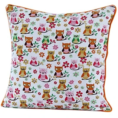 Image of HOMESCAPES 100% Cotton Owl Cushion Cover 45 x cm Square 18 Inches Orange Red White Sofa Pillow Washable