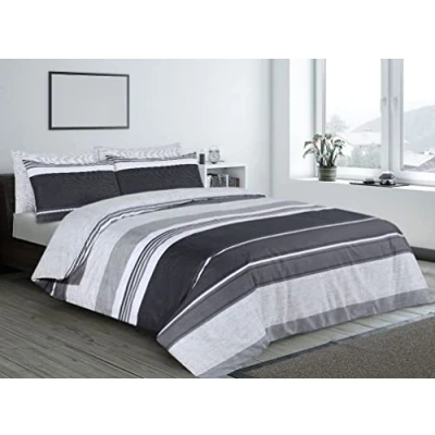 Image of Single Bed Charcoal Grey Stripe Duvet Cover, Reversible Easy Care Poly Cotton Bedding With Pillow Cases (GREY, Single)