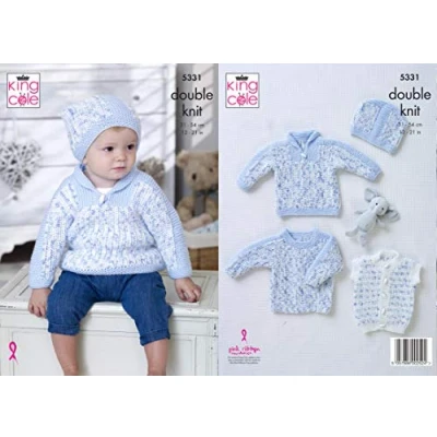 Image of King Cole 5331 Knitting Pattern. Sweaters, Gilet &amp; Hat in Cherish Dash, Cherished DK for Baby