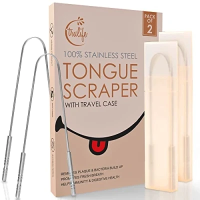 Image of Tongue Scraper for Adults with Travel Case (2 Pc), Bad Breath Treatment Metal Cleaner, 100% Stainless Steel Scrapers Oral Care, Easy to Use Dental Hygiene Fresh
