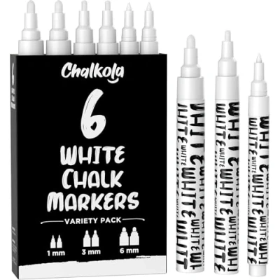 Image of Chalkola White Chalk Pens Dry Erase Liquid for Chalkboard, Blackboard, Window, Bistro, Car Glass, Board, Signs Variety Pack of 6 (2x) 1mm, 3mm &amp; 6mm
