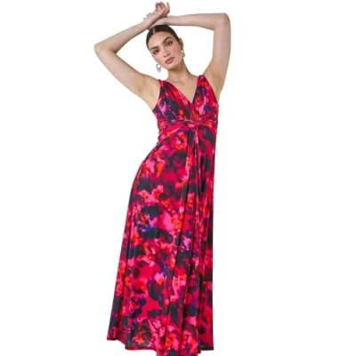 Image of Roman Originals Maxi Dress for Women UK Ladies Twist Knot Front Floral Summer Party Casual Holiday Bohemian Boho Beach Evening Long Floor Length Sleeveless V Neck Cerise Black Size 12