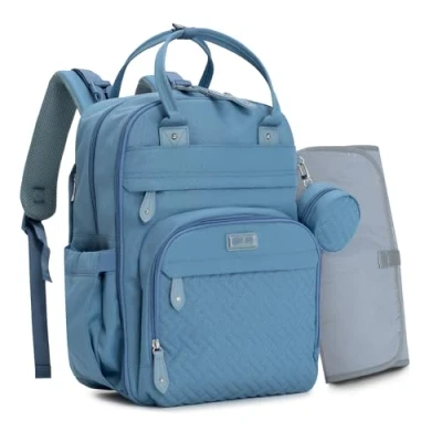 Image of BabbleRoo Baby Changing Bag Backpack, Nappy Back Pack Diaper Bags with Mat &amp; Pacifier Holder for Mom Dad (Light Blue)