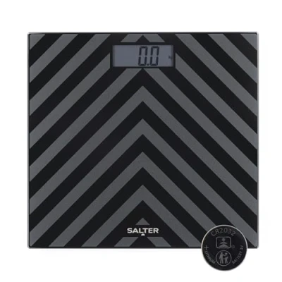 Image of Salter SA00287 BAFEU16 Digital Bathroom Scale 180kg Capacity, Large Tempered Glass Platform, Easy Read LCD Display, Chevron Design, Step On Instant Weight Reading, Battery &amp; Carpet Feet Included