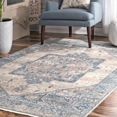 Image of nuLOOM Vintage Harriet Medallion Fringe Accent Rug, 2&#039; x 3&#039;, Light Blue