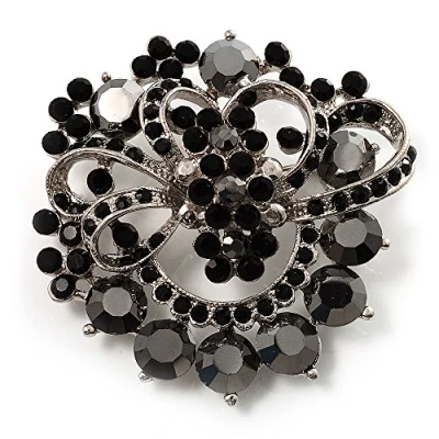 Image of Avalaya Jet Black Diamante Corsage Brooch (Silver Tone)