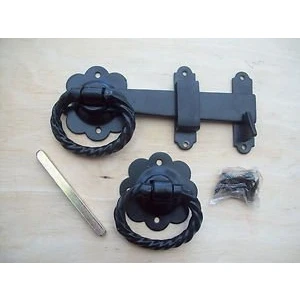 Image of Ironmongery World Black Ornate Fancy Twisted Garden Gate Door Ring Latch Handles Set