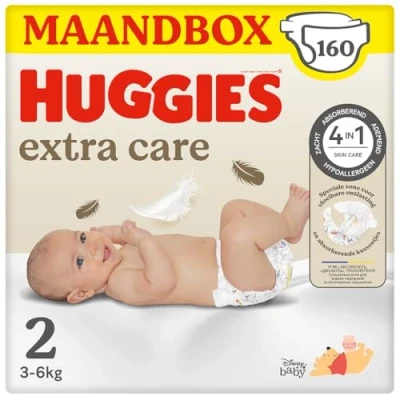 Image of Huggies Extra Care Baby Nappies Size 2 (3 6 kg), Ultra Absorbent, Pack of 160