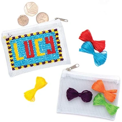Image of Baker Ross AT954 Cross Stitch Purse Pack of 3, Make Your Own Colourful Bag for Kids Arts and Crafts or Sewing Beginners