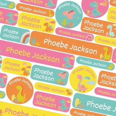 Image of 123 Name Labels for Kids No Iron Tags Clothes Stickers Water Bottles, School Uniform, School, Nursery, Care Homes, Washable and Dishwasher Safe Children (Colourful Dinos)