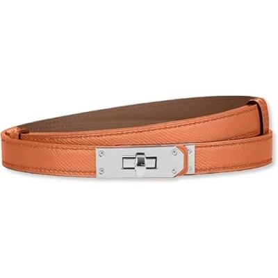 Image of baizhong Women Skinny Leather Belt Classic Solid Color Alloy Turn Lock Ladies Adjustable Slim Thin Waist （Orange/Silver）