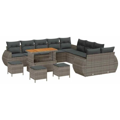 Image of vidaXL 14 Piece Garden Sofa Set with Cushions Grey Poly Rattan Acacia