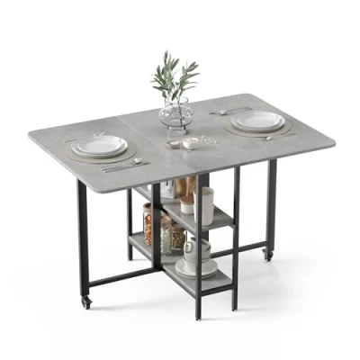 Image of Mondeer Mobile Folding Dining Table, Drop Leaf Table with 2 Open Storage Shelves for Small Spaces Room Kitchen, 120 x 80 75 cm, Grey