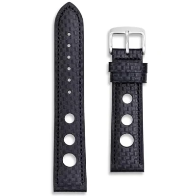 Image of Carbon Fibre Pattern Rally Watch Strap Perforated Racing Band 20mm Black with Stitching Tool and Spring Bars Included (20mm, Stitching)