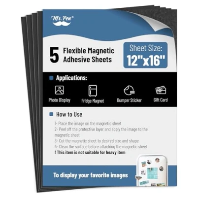 Image of Mr. Pen Adhesive Magnetic Sheets, 12&quot; x 16&quot;, 5 Pack, Sheet, Paper, Magnet Paper Sheets with Backing, Flexible Photo Magnets, Sheet