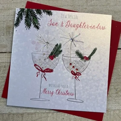Image of White Cotton Cards SON &amp; DAUTHER IN LAW COUPE GLASSES WITH SPARKLERS CHRISTMAS CARD, HAND FINISHED (C23 41)