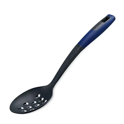 Image of Tasty Everyday Slotted Spoon with Grater, Non Stick Soft Grip Handle, Serving Spoon, Cooking Scratch Utensil, Dishwasher Safe, Dimensions: 34x7x5cm, Colour: Dark Blue, Grey
