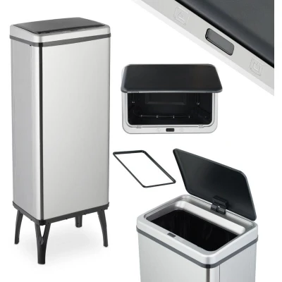 Image of Relaxdays Kitchen Bin with Sensor, 60 L, Automatic Lid, Waste Container, Rubbish Bag Holder, Stainless Steel, Silver, Plastic