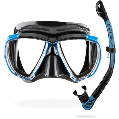 Image of CRESSI Combo Big Eyes+Alpha U.D. Black/Azure Unisex Mask Extraordinary Visibility Eyes and Dry Snorkel Alpha Ideal for Diving, Snorkelling, Black/Azure, One Size