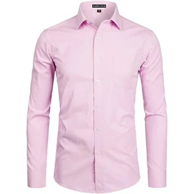 Image of PARKLEES Men&#039;s Long Sleeve Dress Shirt Solid Slim Fit Casual Business Formal Button Up Shirts with Pocket Pink XXL