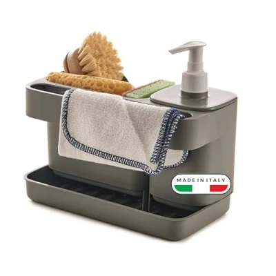 Image of Snips Riordinello gray, sponge holder with dispenser, sink organizer storage box for utensils 12L x 18W 21H cm, made in Italy, 0% BPA and phthalate free