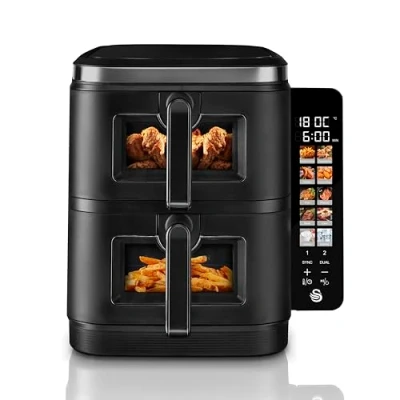 Image of Swan SD10522BLK 11L Twin Stack Air Fryer with Cyclone Technology, Two 5.5L Baskets, Space Saving Vertical Design, Foldable Digital Touch Display, Dual Cook Functions, 10 Pre Sets, Black