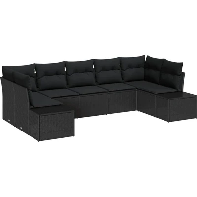 Image of vidaXL 7 Piece Garden Sofa Set with Cushions Black Poly Rattan