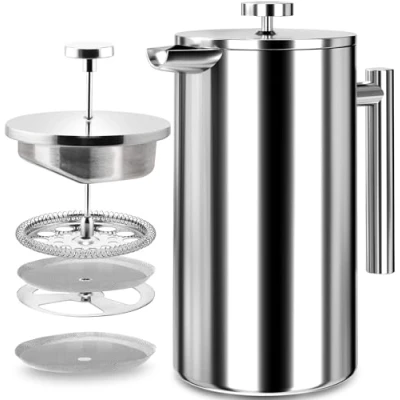 Image of KICHLY Stainless Steel French Press Double Wall Coffee Plunger &amp; Tea Maker, Silver, 1.0 Litre (Pack of 12)