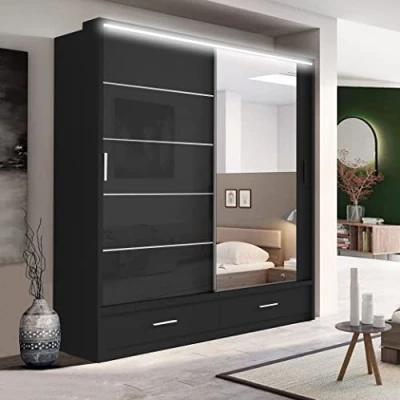 Image of Texas Modern Full Mirror sliding door Bedroom wardrobe with LED Light Width 100cm/120cm/150cm/180cm/203cm/250cm(Black, 203CM)