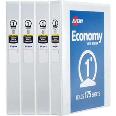Image of AVERY Economy View 3 Ring Binders, Homeschool Supplies, Home Organization, 1&quot; Round Rings, 4 White Binders (05711)