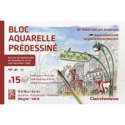 Image of Clairefontaine Ref 975727C Initiation No1 Watercolour Glued Pad (15 Sheets) 100 x 150mm in Size, 300gsm Etival Paper Suitabler for Learners