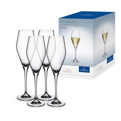 Image of Villeroy &amp; Boch La Divina Champagne Glass Set 4 Pieces 260 ml, Dishwasher Safe, Prosecco Glasses, Flute Glass, Crystal