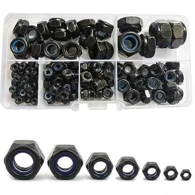 Image of 150 Pcs Black M12/M10/M8/M6/M5/M4/M3 Hex Lock Nuts Carbon Steel Nylon Insert Locknut Assortment Threaded Inserts Nut Set Assorted Locking Nuts(Black)