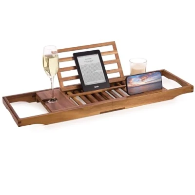Image of Woodluv Acacia Wood Luxury Bath Tray, Extendable Caddy Tray for Bathtub Rack Bathroom Shelf with Candle, Wine Glass, Book, iPad &amp; Phone Holders Table Over tub Accessories