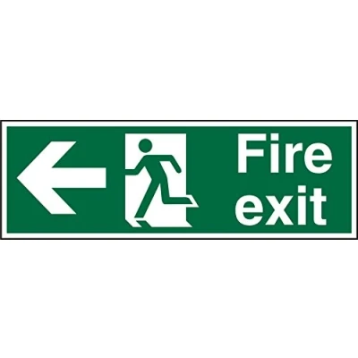 Image of Seco Fire Exit Arrow Pointing Left, Man Running Sign, 450mm x 150mm Self Adhesive Vinyl,White