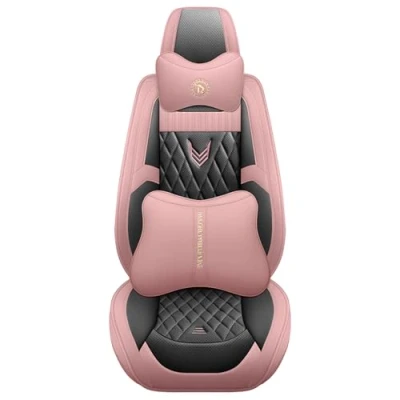 Image of Eunncu Universal Car Seat Covers Waterproof Leather Full Set, Can Protect Front and Rear Seats, To Fit Most Cars, Side Airbag Compatible, Black Pink