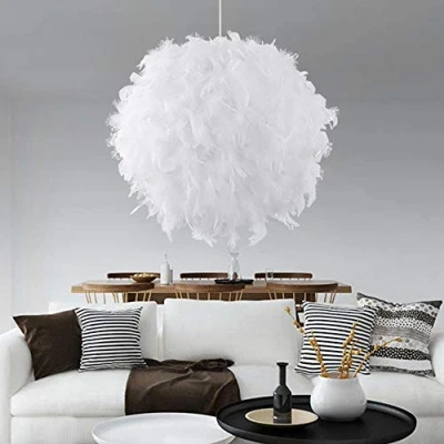 Image of White Feather Light Ceiling Lamp Pendant Shade Romantic Droplight Lampshade with E27 Bulb Floor Lamps for Living Room Dining and Bedroom 40cm/15.74 inch