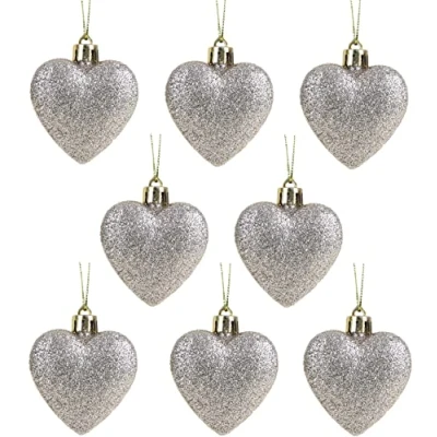 Image of Christmas Concepts® Pack of 8 60mm Heart Shaped Tree Baubles Glitter Decorated (Champagne)