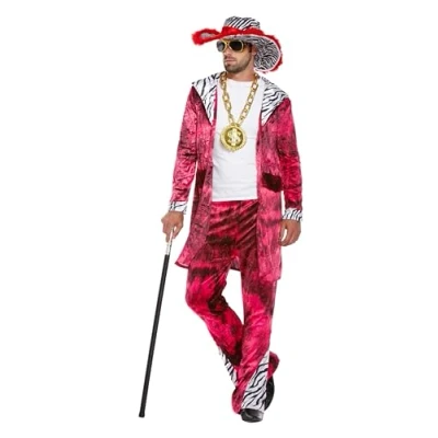 Image of HENBRANDT Adult Men’s Red Velvet Suit with Zebra Print Detail and Matching Hat 1970s Big Daddy Gangster Pimp Dress Up Outfit One Size Mens Fancy Costume