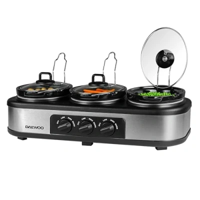Image of Daewoo sda1334 3 x 1.5L Triple Slow Cooker Individual Heat Dishwasher Safe Pots Easy to Clean Non Stick Ceramic Manual Temperature Control 300W, Grey