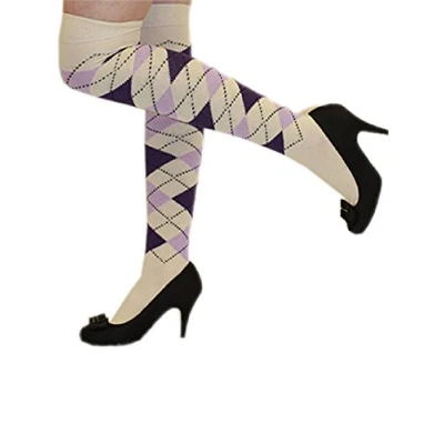 Image of Argyle Over The Knee Socks Ladies Thigh High Diamond Check Pattern Golf 4 6 (Cream &amp; Purple Argyle)