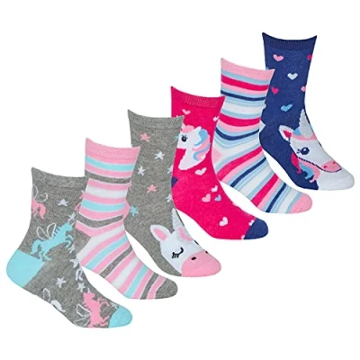 Image of Metzuyan 6 Pairs Kids Girls Cotton Rich Novelty Socks Unicorn Designed Grey Pink Size 8.5