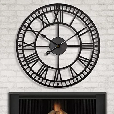 Image of HAITANG Large Metal Iron Retro Wall Clock Silent Non Ticking Battery Operated Vintage Roman Numerals Round Modern Clocks For Living Room Decor Black 40cm