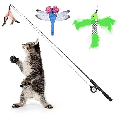 Image of Pawaboo Cat feather Toys, 4 Pack Interactive Teaser Wand Retractable Fishing Pole Catcher Exerciser with Refill Fish, Dragonfly Worm Bells, Fun Kitten Kitty Playing Toy