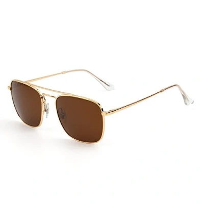Image of Jim Halo Retro Square Sunglasses Premium Glass Lens Flat Metal Eyewear Men Women (Gold/Brown)