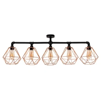 Image of MiniSun Industrial Steampunk Style 5 Way Satin Black Pipework Bar Ceiling Light with Copper Basket Cage Shades