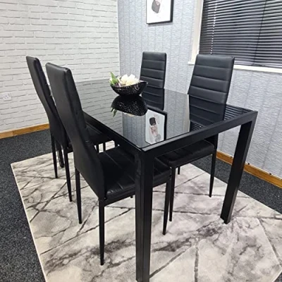 Image of KOSY KOALA ALL BLACK GLASS DINING Table AND 4 FAUX LEATHER CHAIRS (Black, with chairs)
